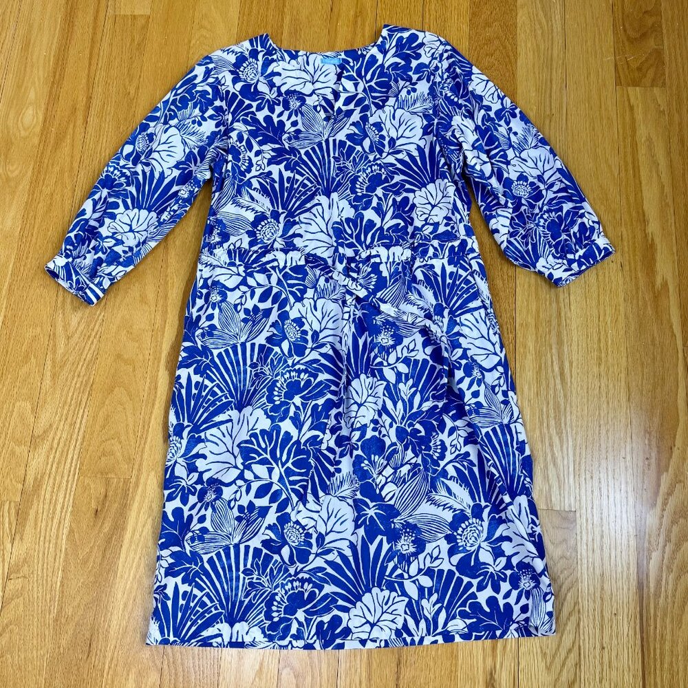 J. McLaughlin Cotton Dress Blue White Floral Crop Sleeve Resort (L) - Picture 5 of 10